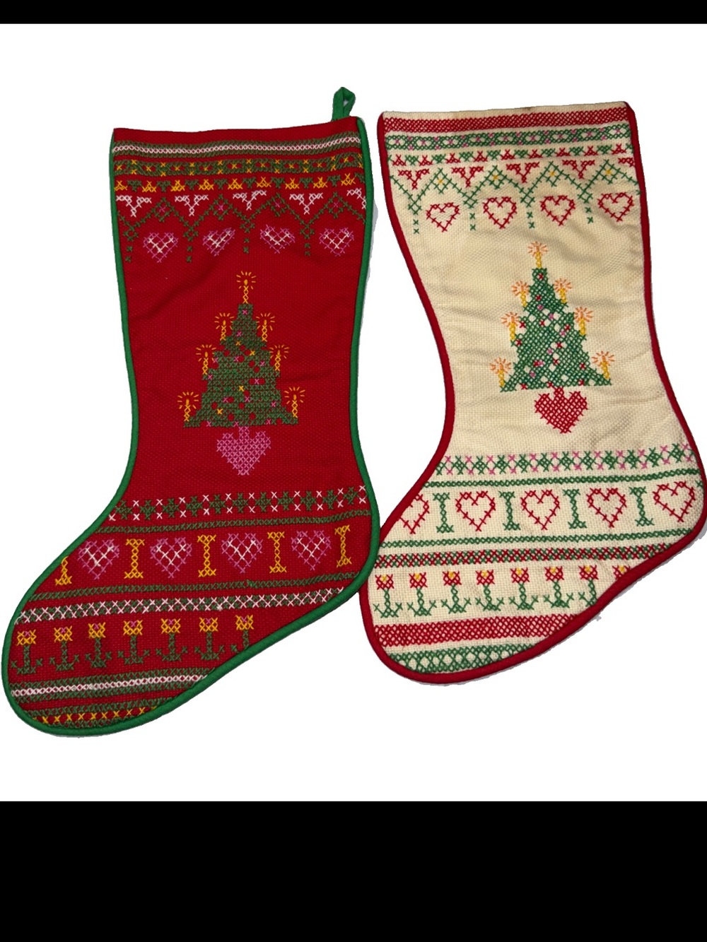 TWO Christmas Stockings Cross Stitch House Of Hatten Candle Christmas Tree heart